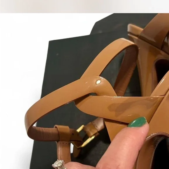 Authentic YSL Saint Laurent Tribute High Heel Sandals W Platform Camel/Tan